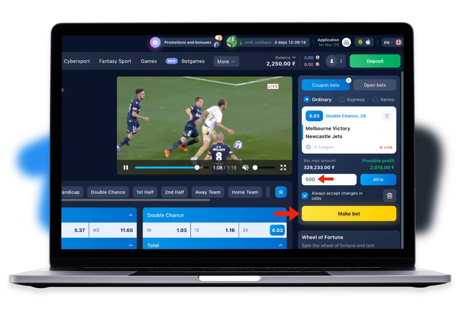 To place a bet at 1win select the odds, enter the amount and confirm your decision